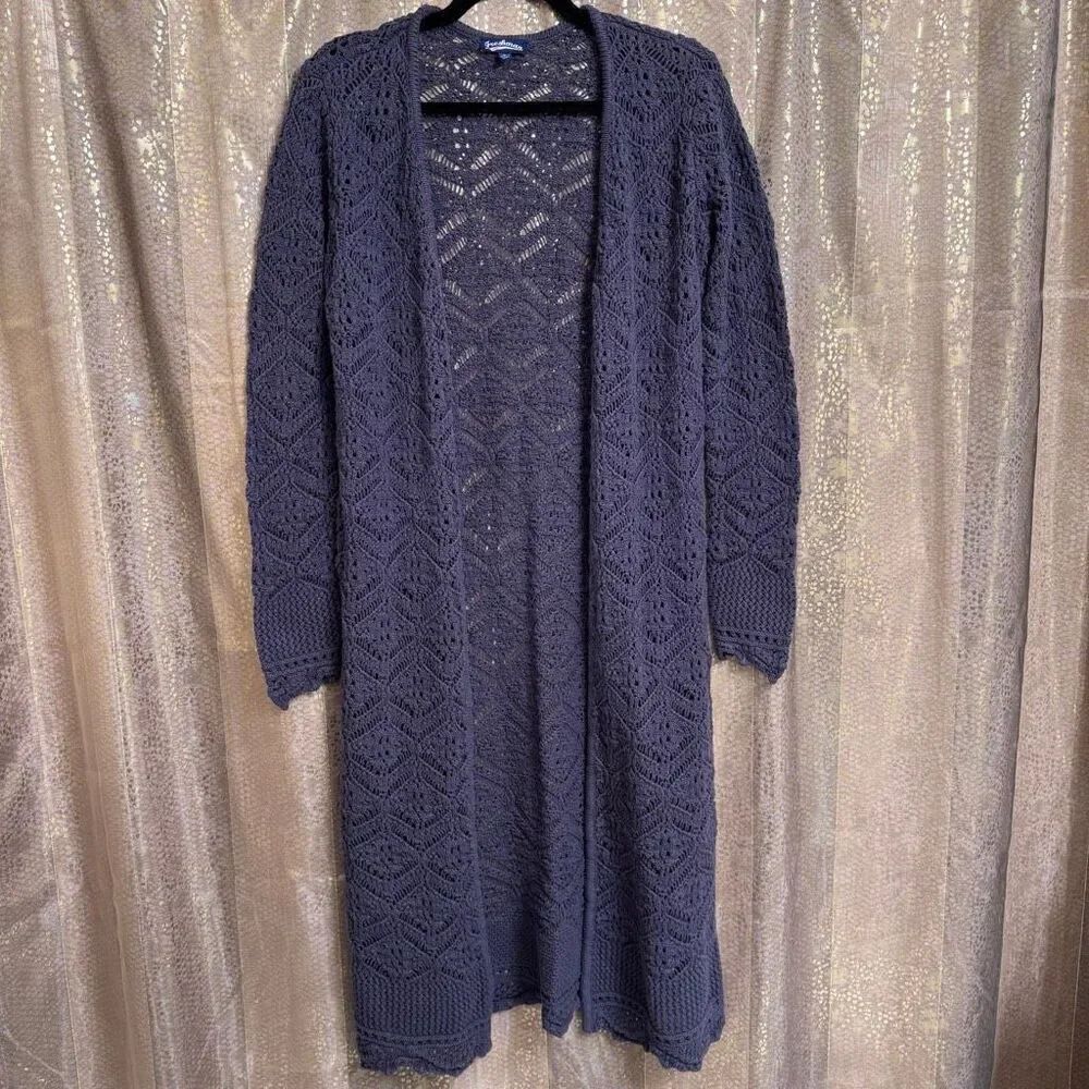 Freshman 1996 Gray Open Front Long Crochet Knit Sweater Cardigan Small